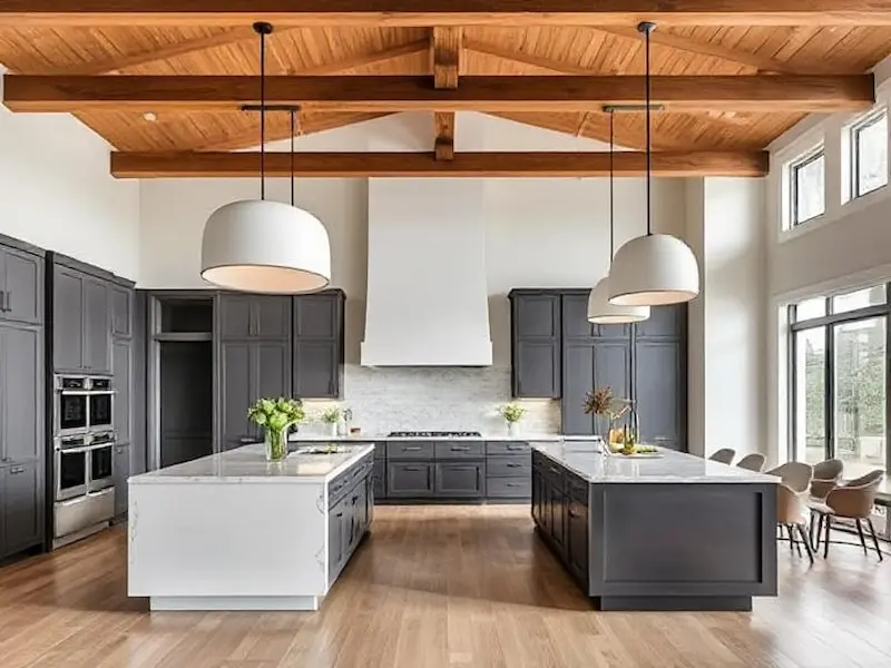 Open Kitchen with Statement Lighting and Floor Islands