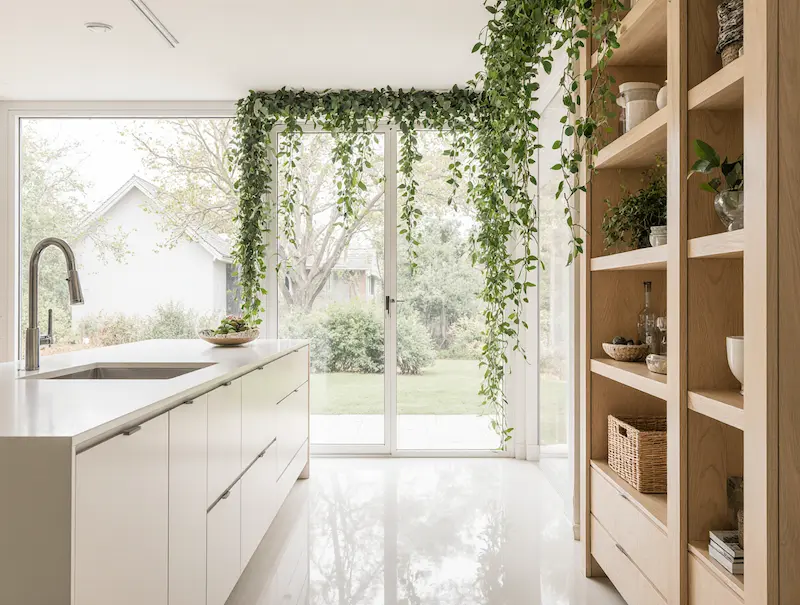 Sun-Drenched Kitchen with Glass Cabinets and Greenery 2