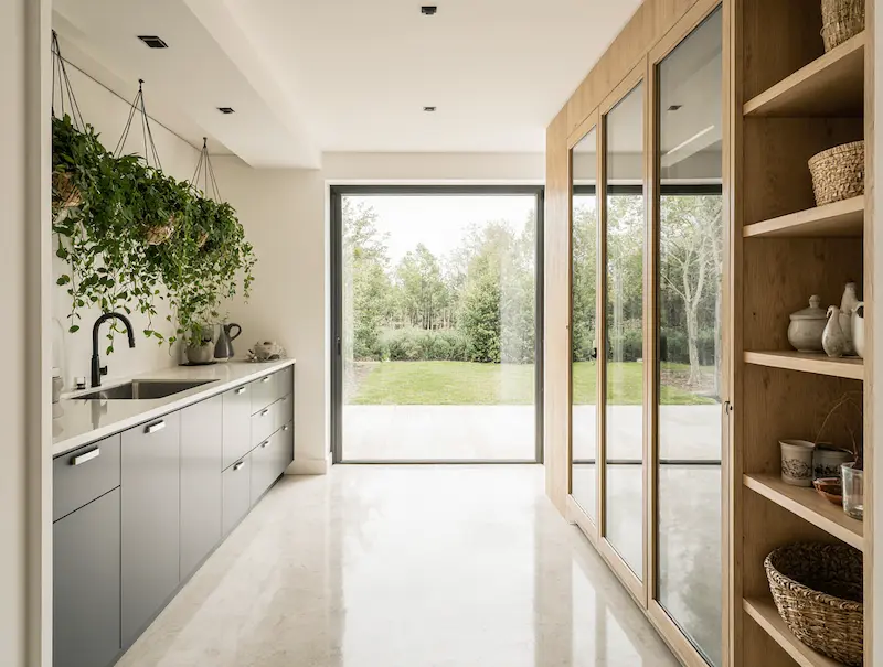 Sun-Drenched Kitchen with Glass Cabinets and Greenery